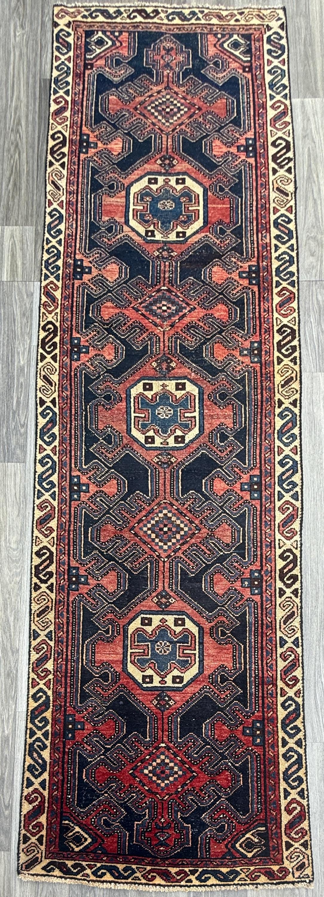 2.10x10 ft Vintage 1940s Anatolian Runner Rug: Hand Knotted Wool Village Carpet, Geometric Tribal Design