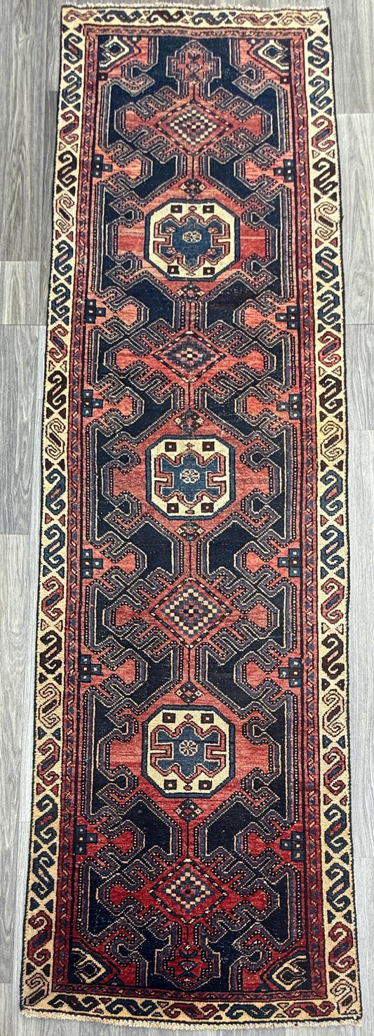 2.10x10 ft Vintage 1940s Anatolian Runner Rug: Hand Knotted Wool Village Carpet, Geometric Tribal Design