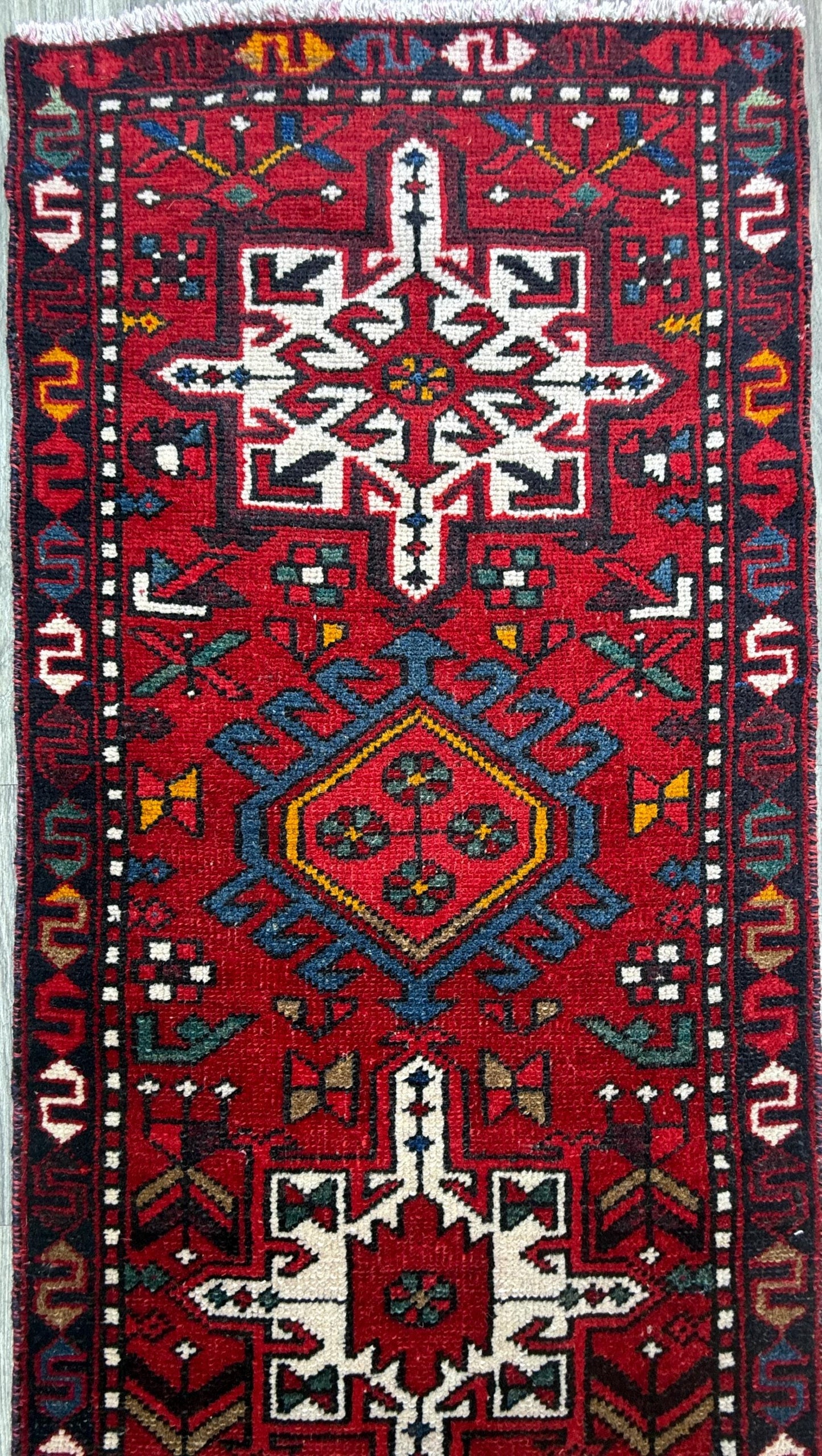 8x2 ft Vintage 1980s Hareez Runner Rug: Hand Knotted Wool Tribal Carpet, Narrow Hallway Rug