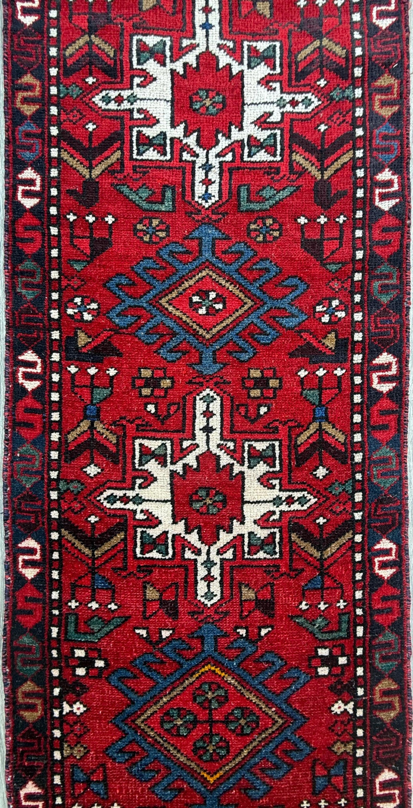 8x2 ft Vintage 1980s Hareez Runner Rug: Hand Knotted Wool Tribal Carpet, Narrow Hallway Rug
