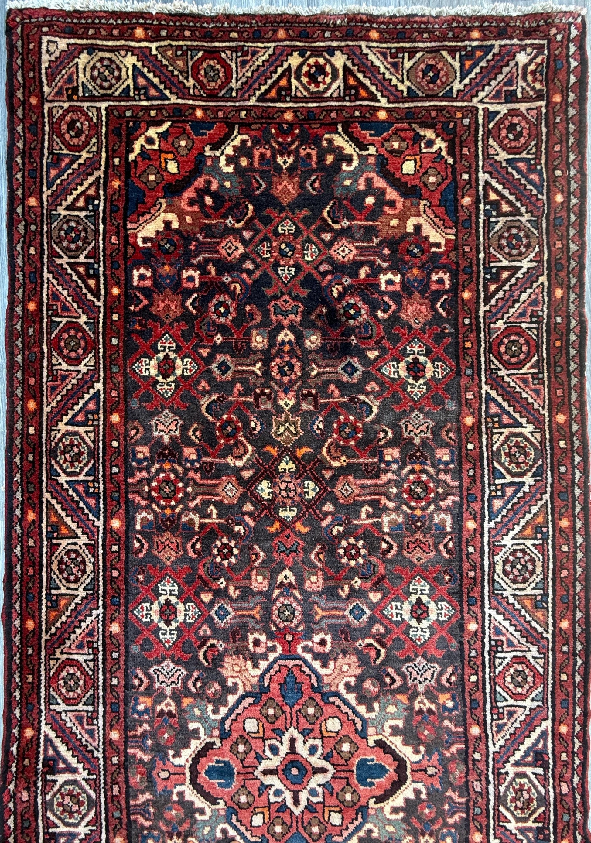 3.8x9.10 ft Vintage 1930s Anatolian: Hand Knotted Wool Village Carpet, Geometric Tribal Design