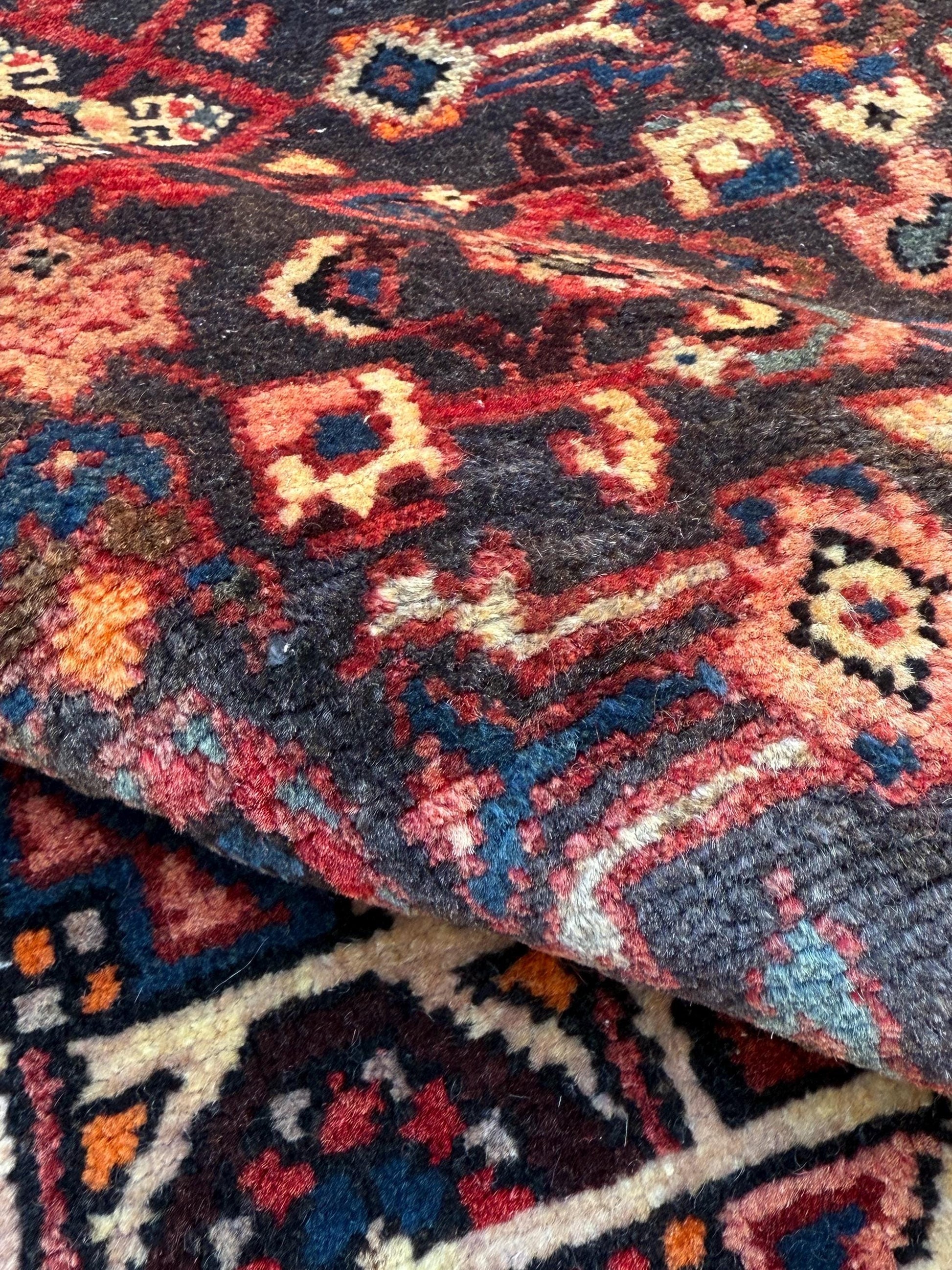 3.8x9.10 ft Vintage 1930s Anatolian: Hand Knotted Wool Village Carpet, Geometric Tribal Design