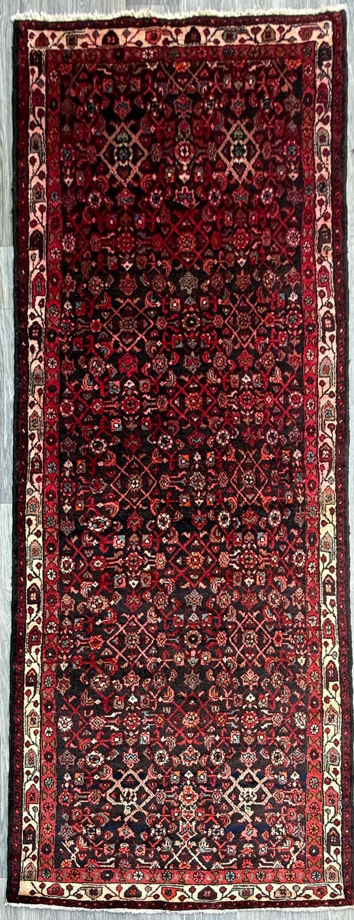 3.9x9.9 ft Vintage 1940s Anatolian Rug: Hand Knotted Wool Village Carpet, Geometric Tribal Design
