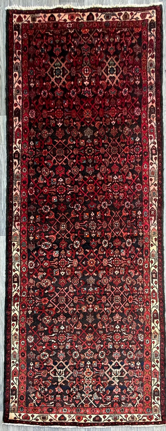 3.9x9.9 ft Vintage 1940s Anatolian Rug: Hand Knotted Wool Village Carpet, Geometric Tribal Design
