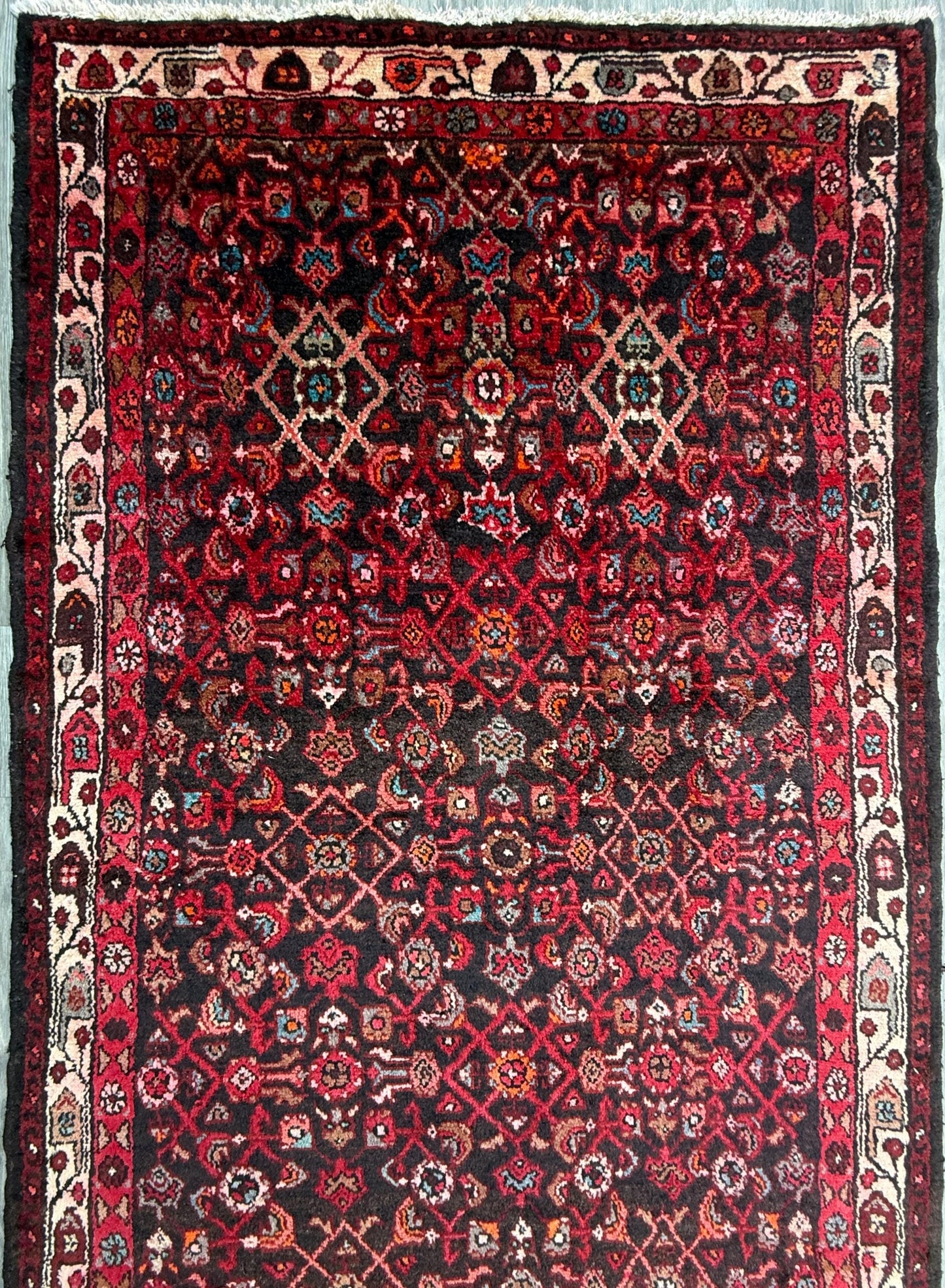 3.9x9.9 ft Vintage 1940s Anatolian Rug: Hand Knotted Wool Village Carpet, Geometric Tribal Design