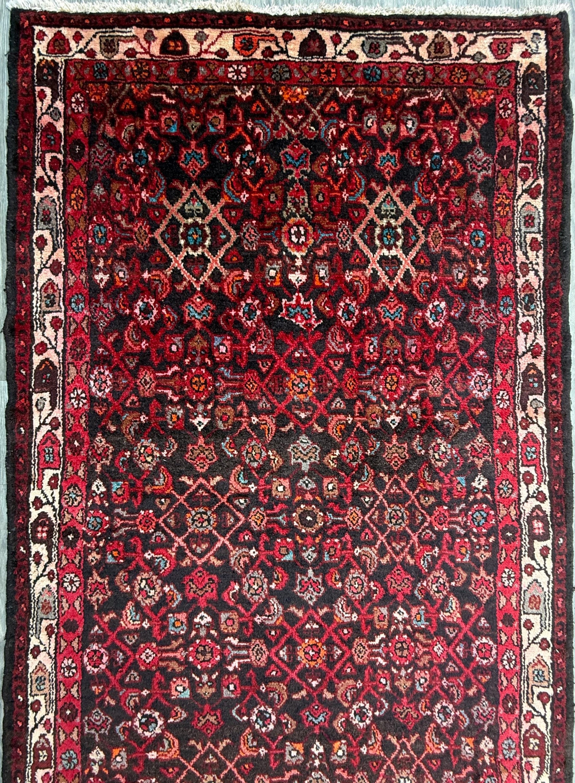 3.9x9.9 ft Vintage 1940s Anatolian Rug: Hand Knotted Wool Village Carpet, Geometric Tribal Design