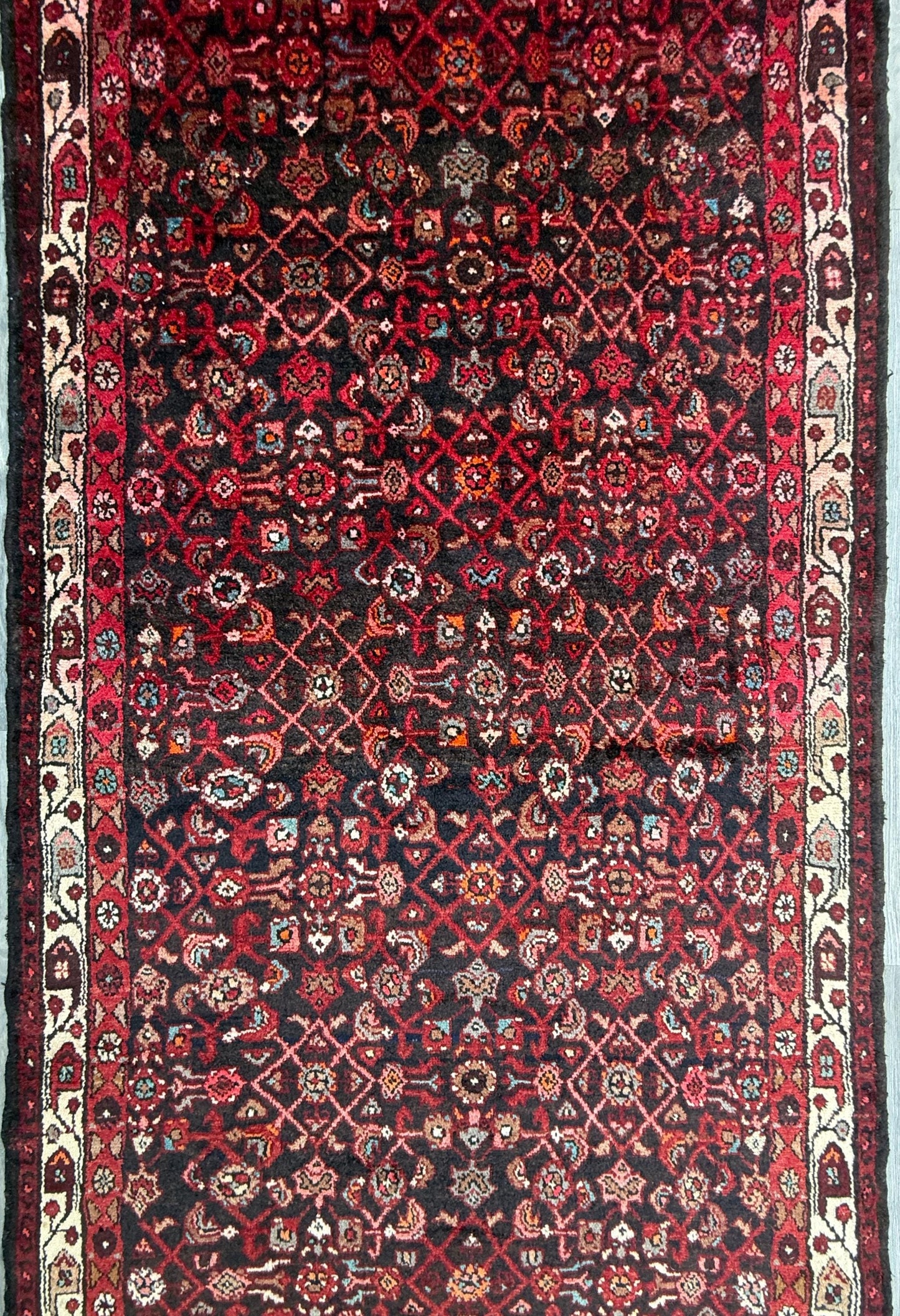 3.9x9.9 ft Vintage 1940s Anatolian Rug: Hand Knotted Wool Village Carpet, Geometric Tribal Design