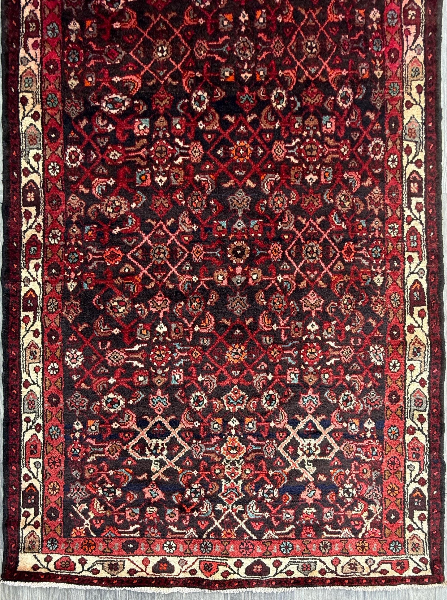 3.9x9.9 ft Vintage 1940s Anatolian Rug: Hand Knotted Wool Village Carpet, Geometric Tribal Design