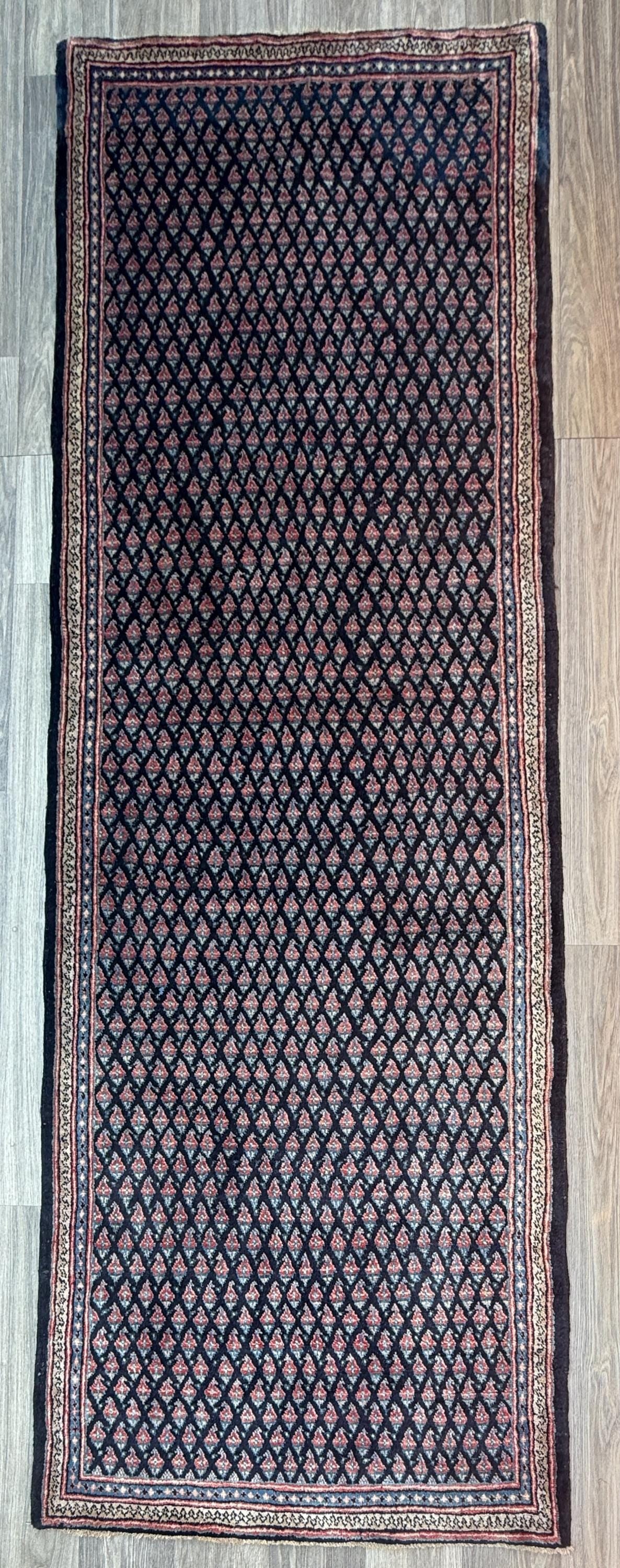 3.4x9.1 ft Vintage 1930s Runner Rug: Farmhouse Anatolian Village Carpet, Hand Knotted Wool Geometric Tribal Design
