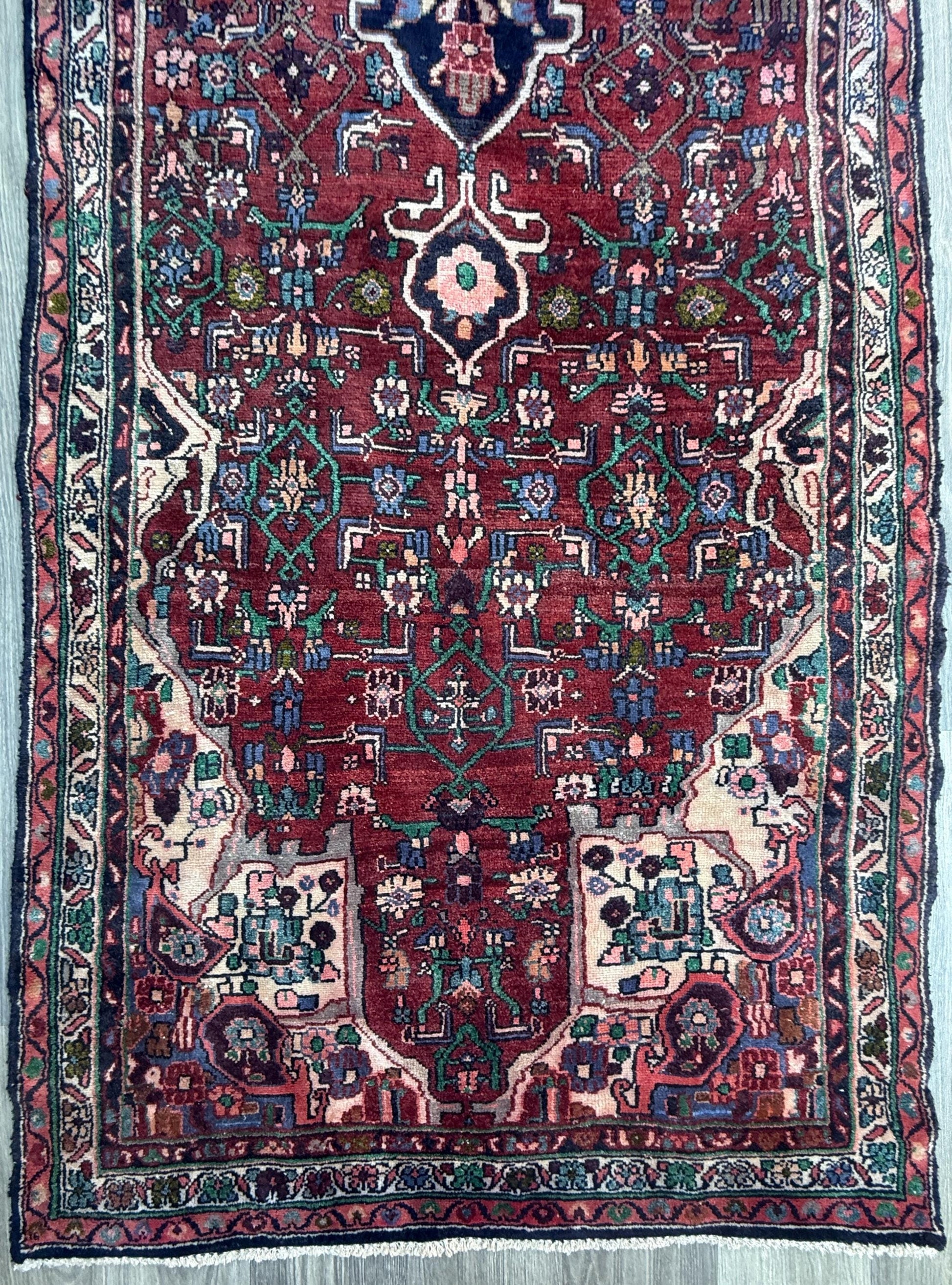 3.5x12.8 ft Vintage 1930s Runner Rug: Hand Knotted Wool Anatolian Carpet, Village Made Geometric Tribal Design
