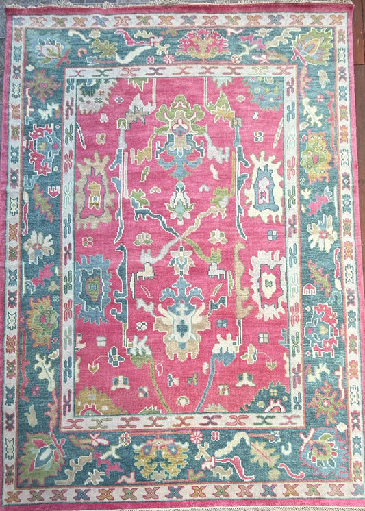 8x10 ft Pink Oushak Rug: Hand-Knotted Wool Turkish Boho Carpet