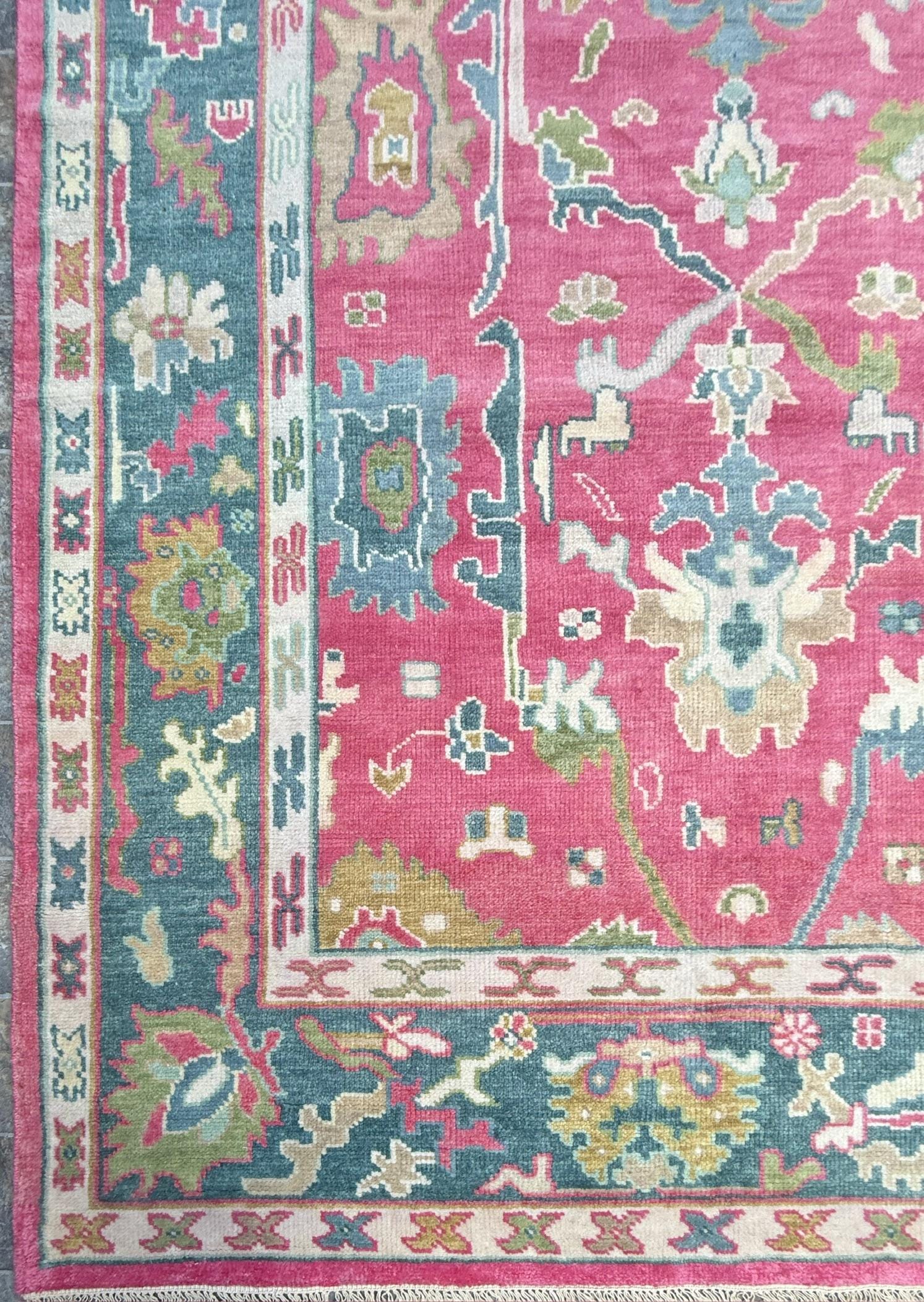 8x10 ft Pink Oushak Rug: Hand-Knotted Wool Turkish Boho Carpet