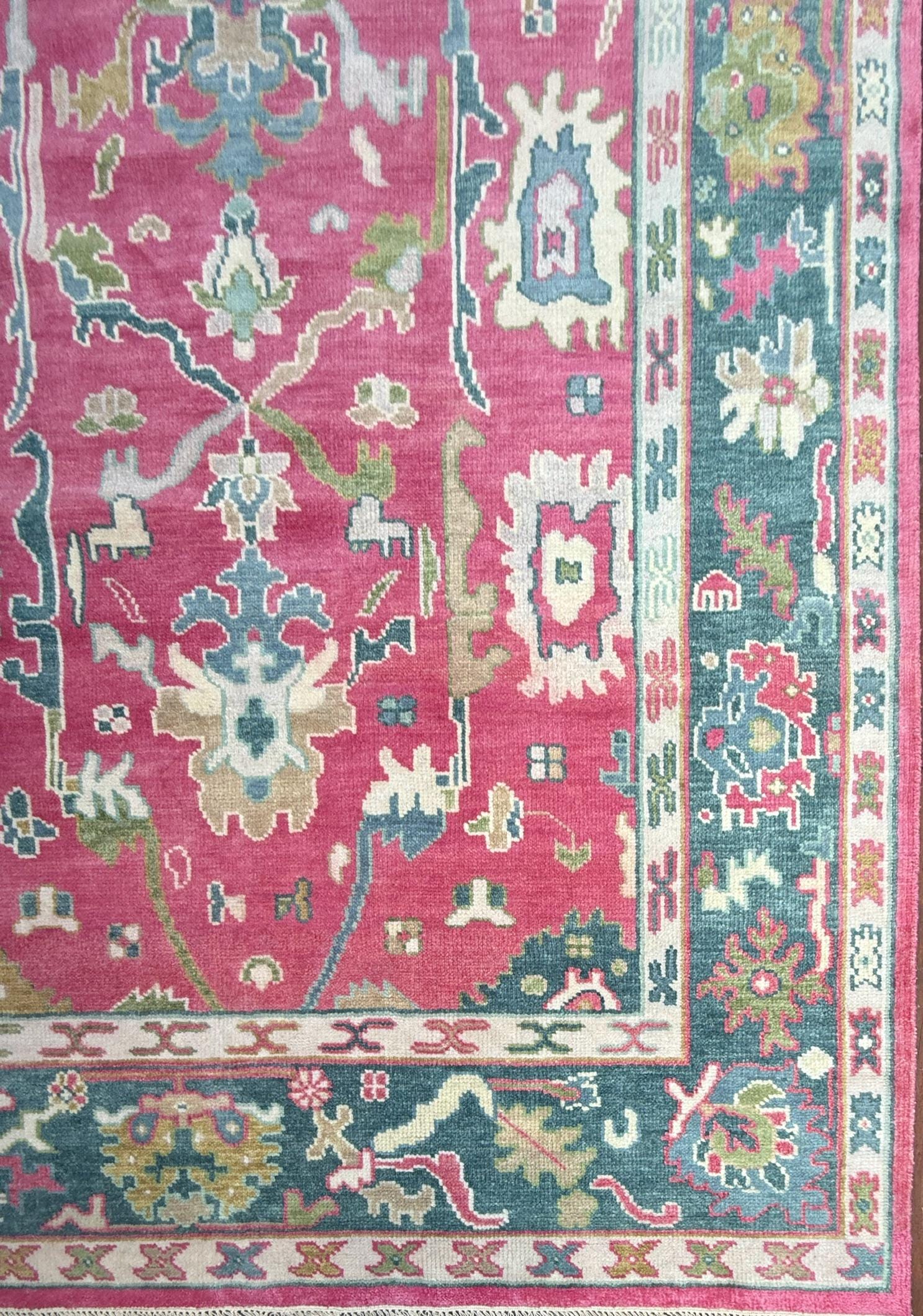 8x10 ft Pink Oushak Rug: Hand-Knotted Wool Turkish Boho Carpet