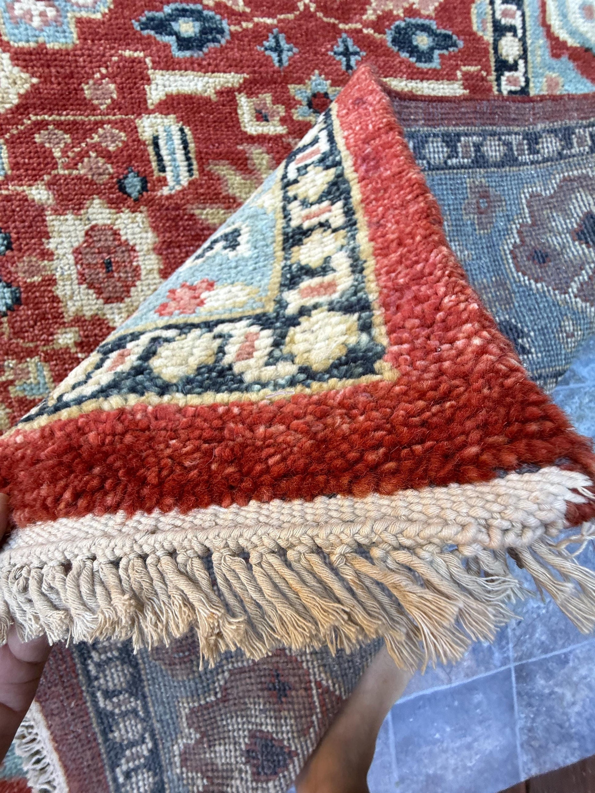 9x12 ft. Turkish Heriz Rug: Hand-Knotted Wool, Red & Blue Oushak Style