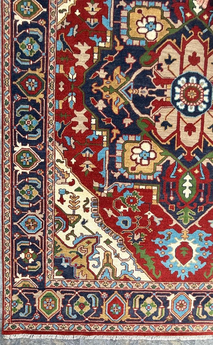 9x12 ft Heriz Rug: Hand-Knotted Wool Carpet, Contemporary Oriental Style