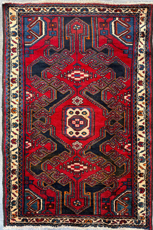 4x3 ft Vintage 1950s Hamadan/Qashqai Wool Rug: Hand Knotted Carpet, Geometric Accent