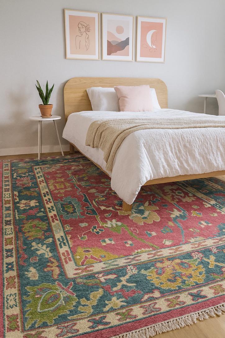 8x10 ft Pink Oushak Rug: Hand-Knotted Wool Turkish Boho Carpet