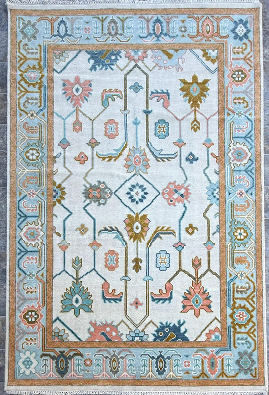 6.2x9.3 ft Oushak Floral Hand Knotted Rug: Wool Area Carpet, Vibrant Transitional Design