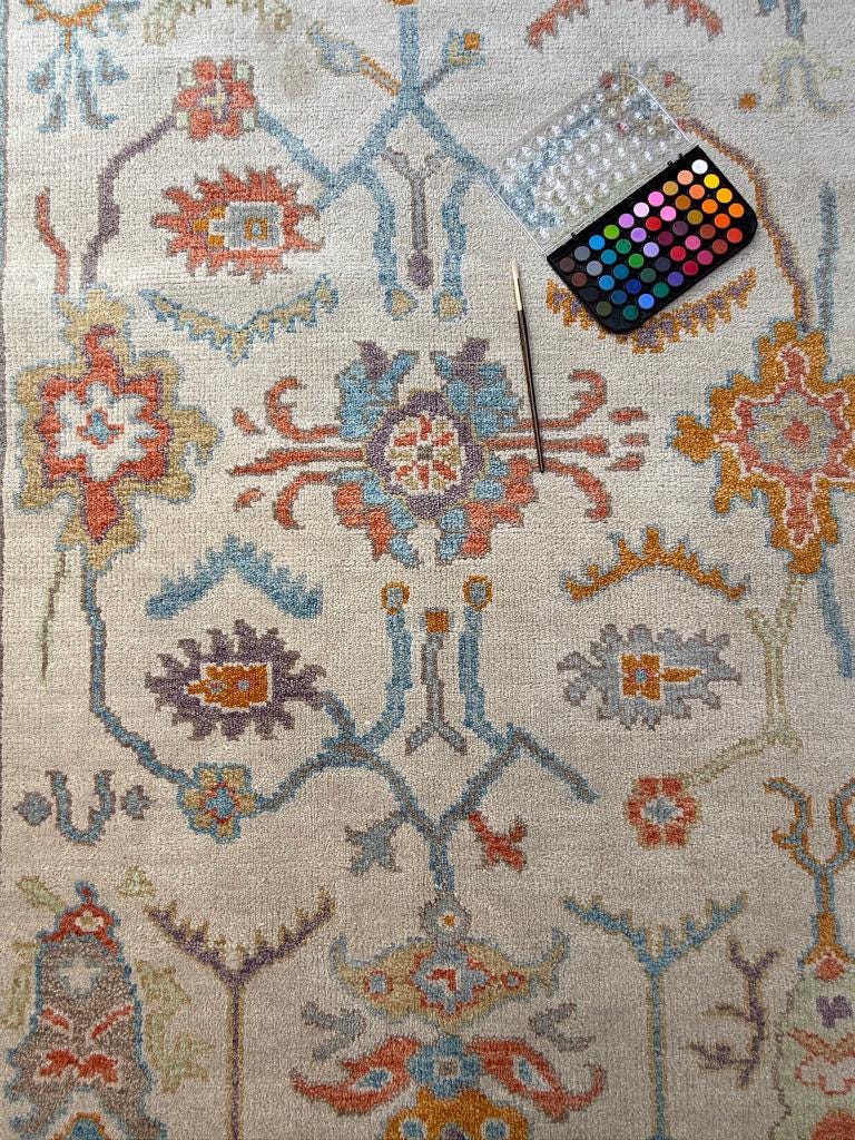 6x9 ft Pastel Oushak Hand Knotted Rug: Beige Wool Bohemian Carpet