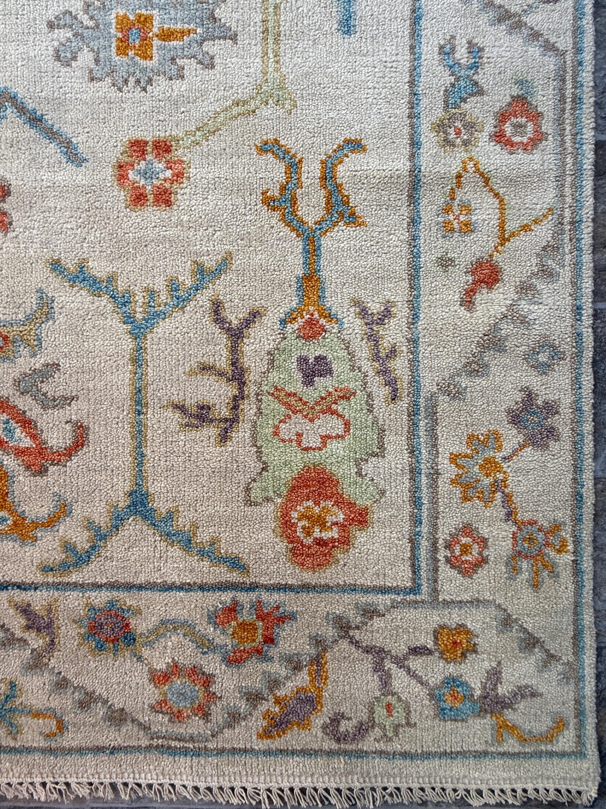 6x9 ft Pastel Oushak Hand Knotted Rug: Beige Wool Bohemian Carpet