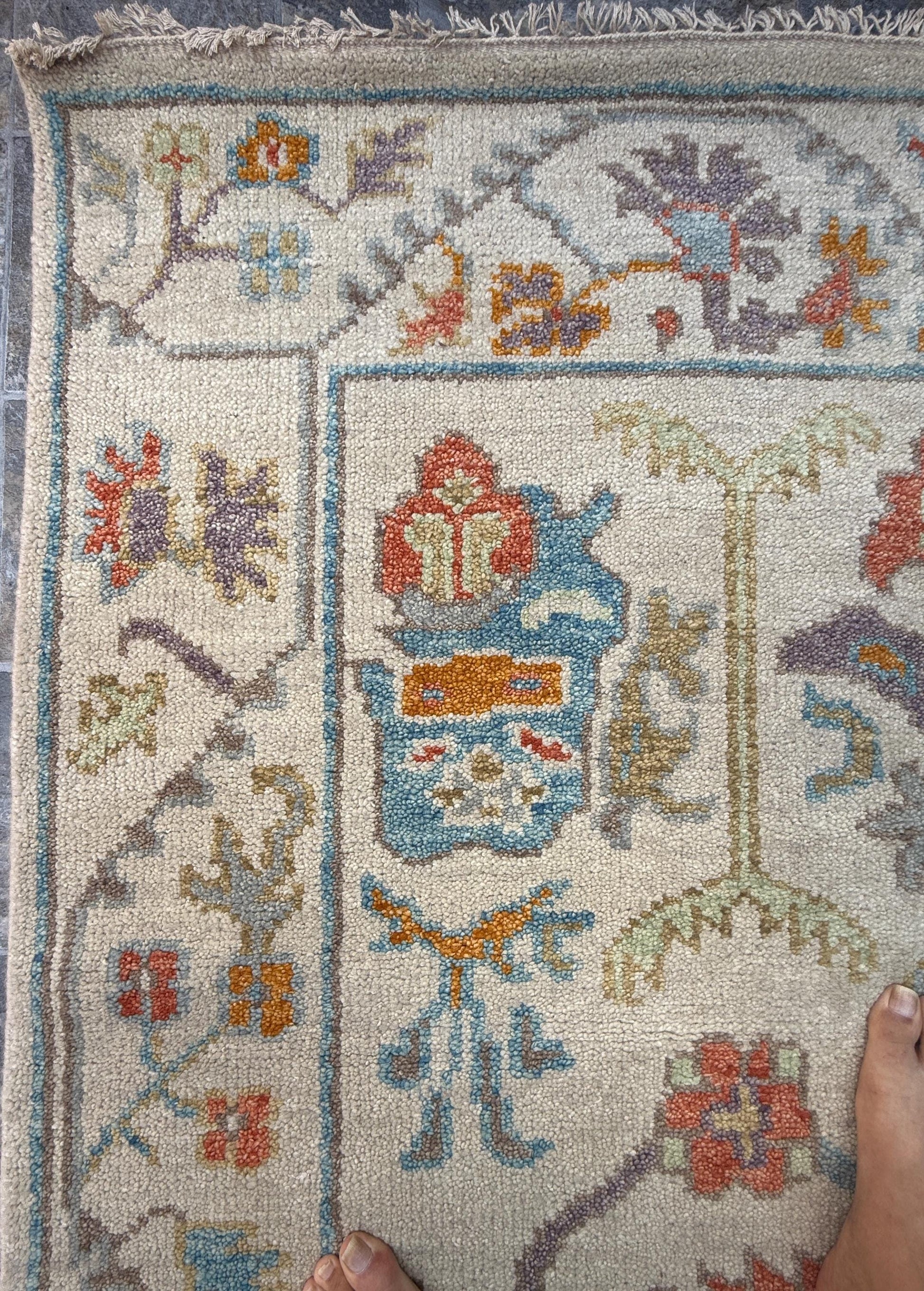 6x9 ft Pastel Oushak Hand Knotted Rug: Beige Wool Bohemian Carpet