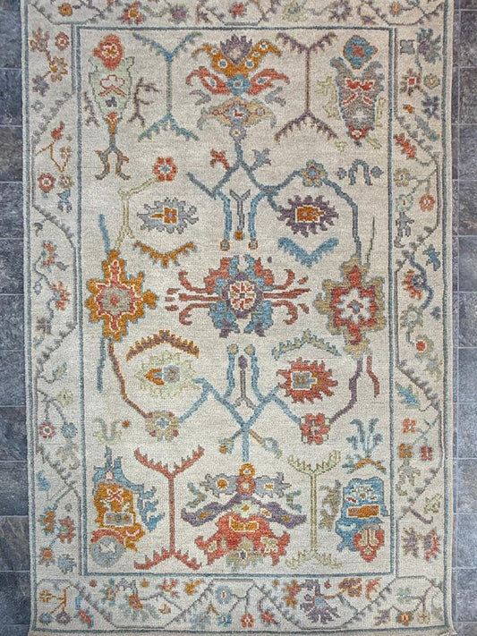6x9 ft Pastel Oushak Hand Knotted Rug: Beige Wool Bohemian Carpet