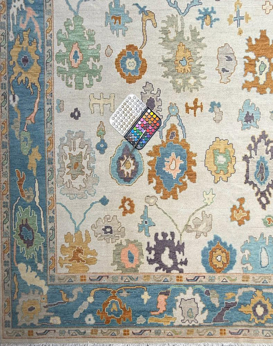 9x12 ft Handmade Oushak Rug: Modern Bohemian Wool Carpet
