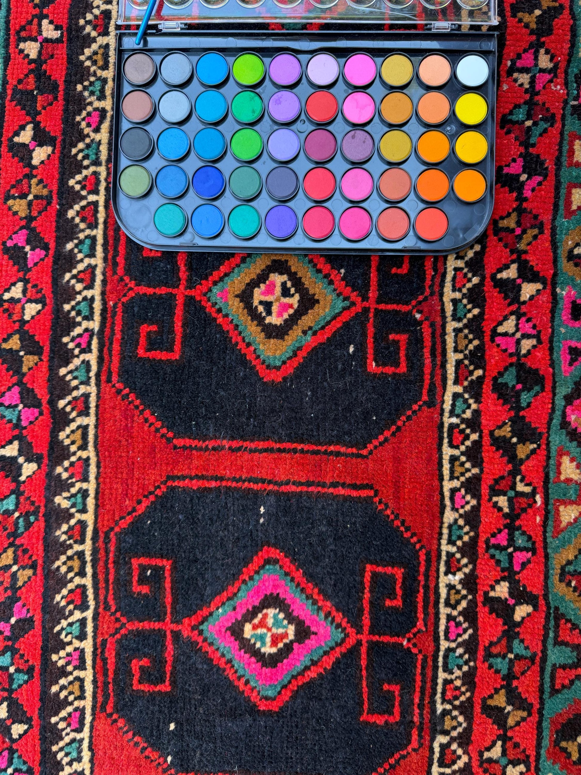 1x3 ft 1930s Village Rug: Hand Knotted Wool Geometric Accent