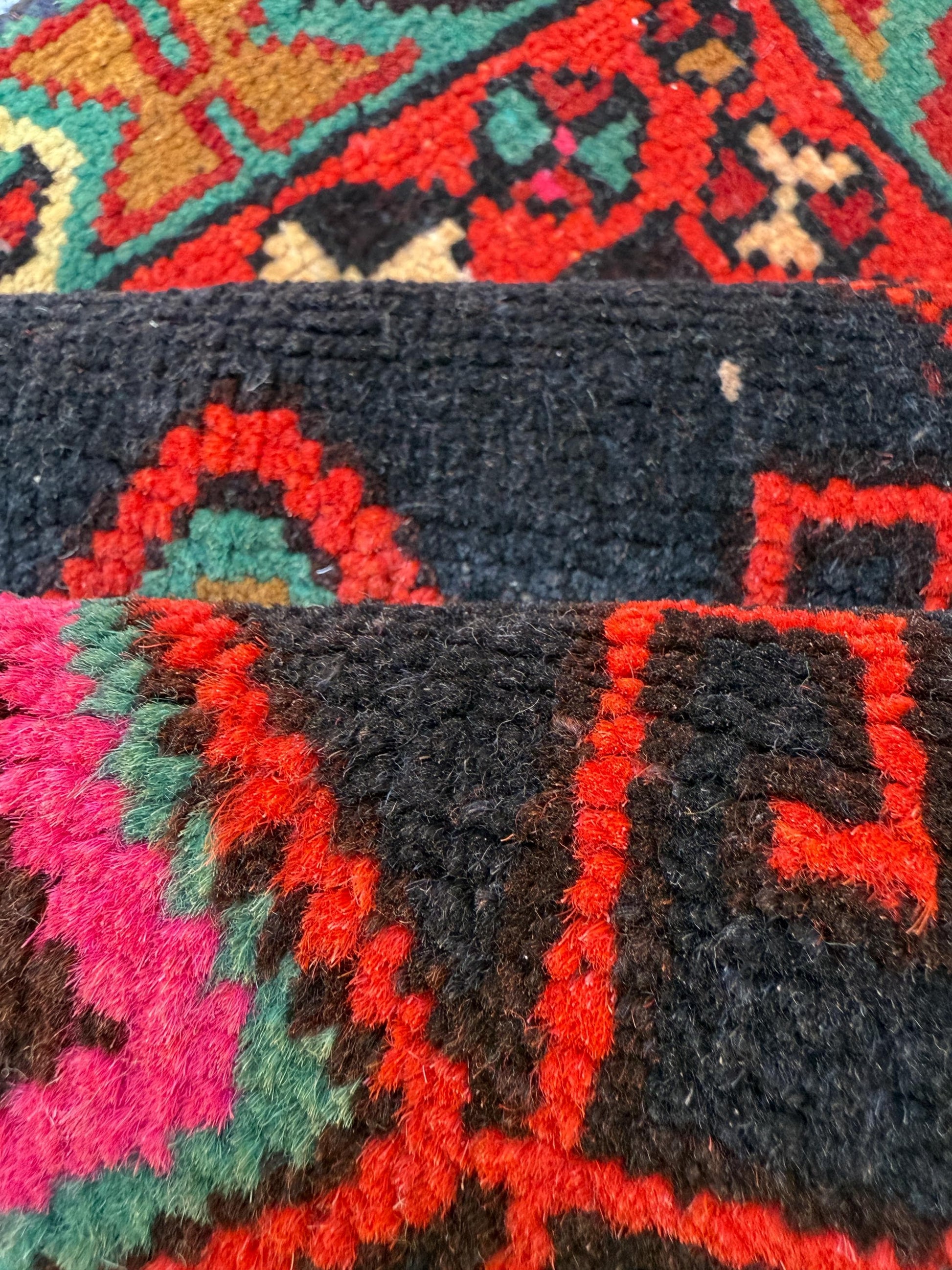 1x3 ft 1930s Village Rug: Hand Knotted Wool Geometric Accent