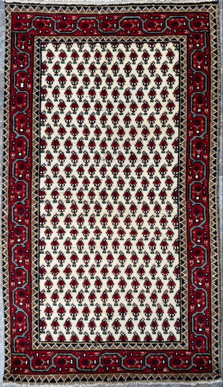 5.1x2.11 ft Badam Gul Mir Wool Rug: 1980s Vintage Hand Knotted Oriental Carpet, Small Geometric Tribal Area Rug