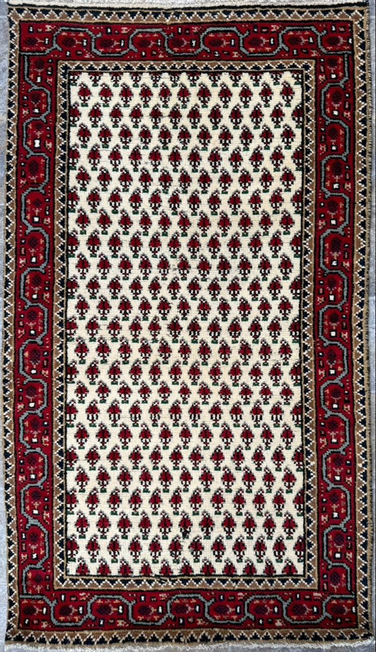 5.1x2.11 ft Badam Gul Mir Wool Rug: 1980s Vintage Hand Knotted Oriental Carpet, Small Geometric Tribal Area Rug