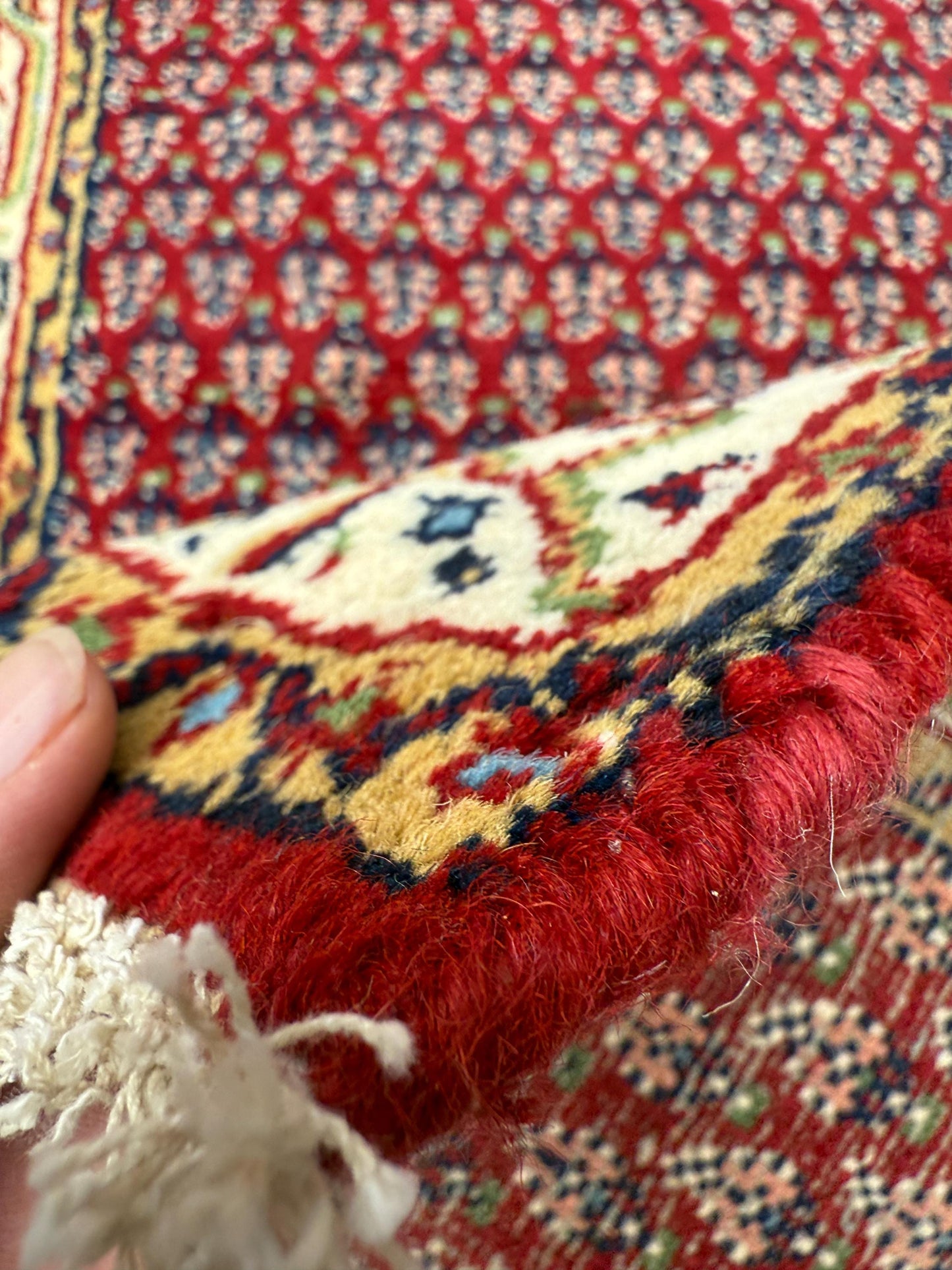 4.3x2.2 ft Vintage 1980s Badam Gul Mir Rug: Hand Knotted Wool Oriental Carpet, Small Geometric Tribal Accent