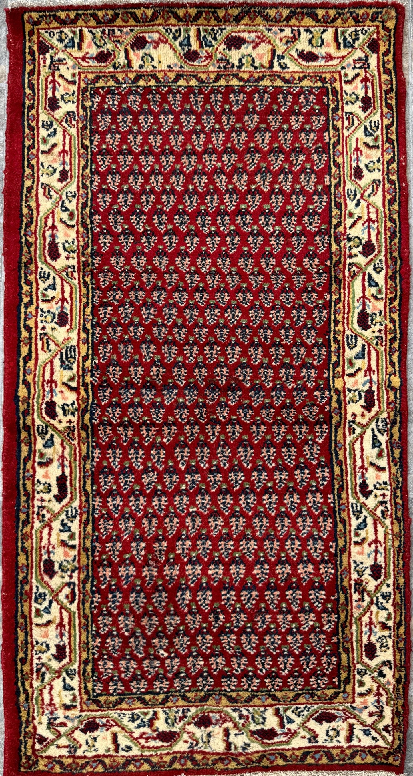 4.3x2.2 ft Vintage 1980s Badam Gul Mir Rug: Hand Knotted Wool Oriental Carpet, Small Geometric Tribal Accent