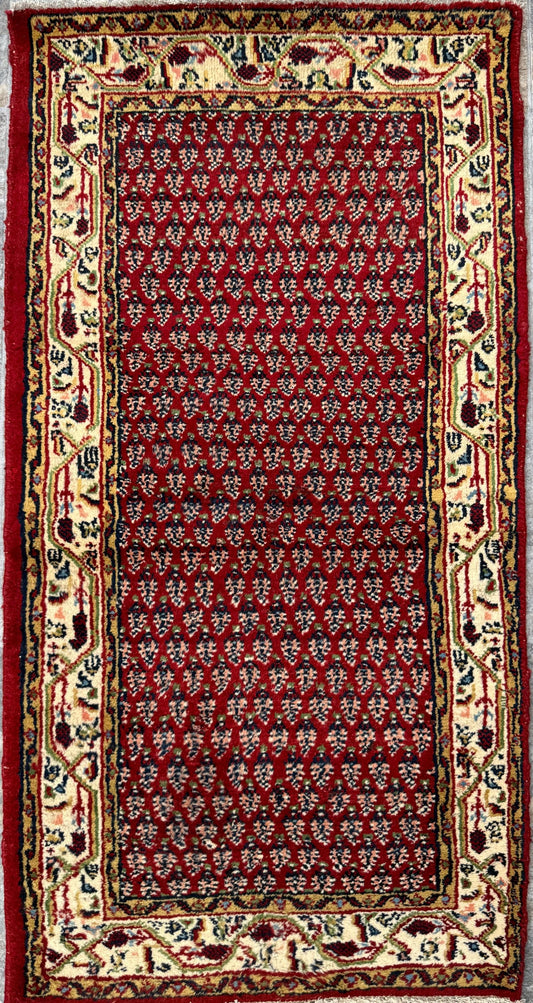 4.3x2.2 ft Vintage 1980s Badam Gul Mir Rug: Hand Knotted Wool Oriental Carpet, Small Geometric Tribal Accent