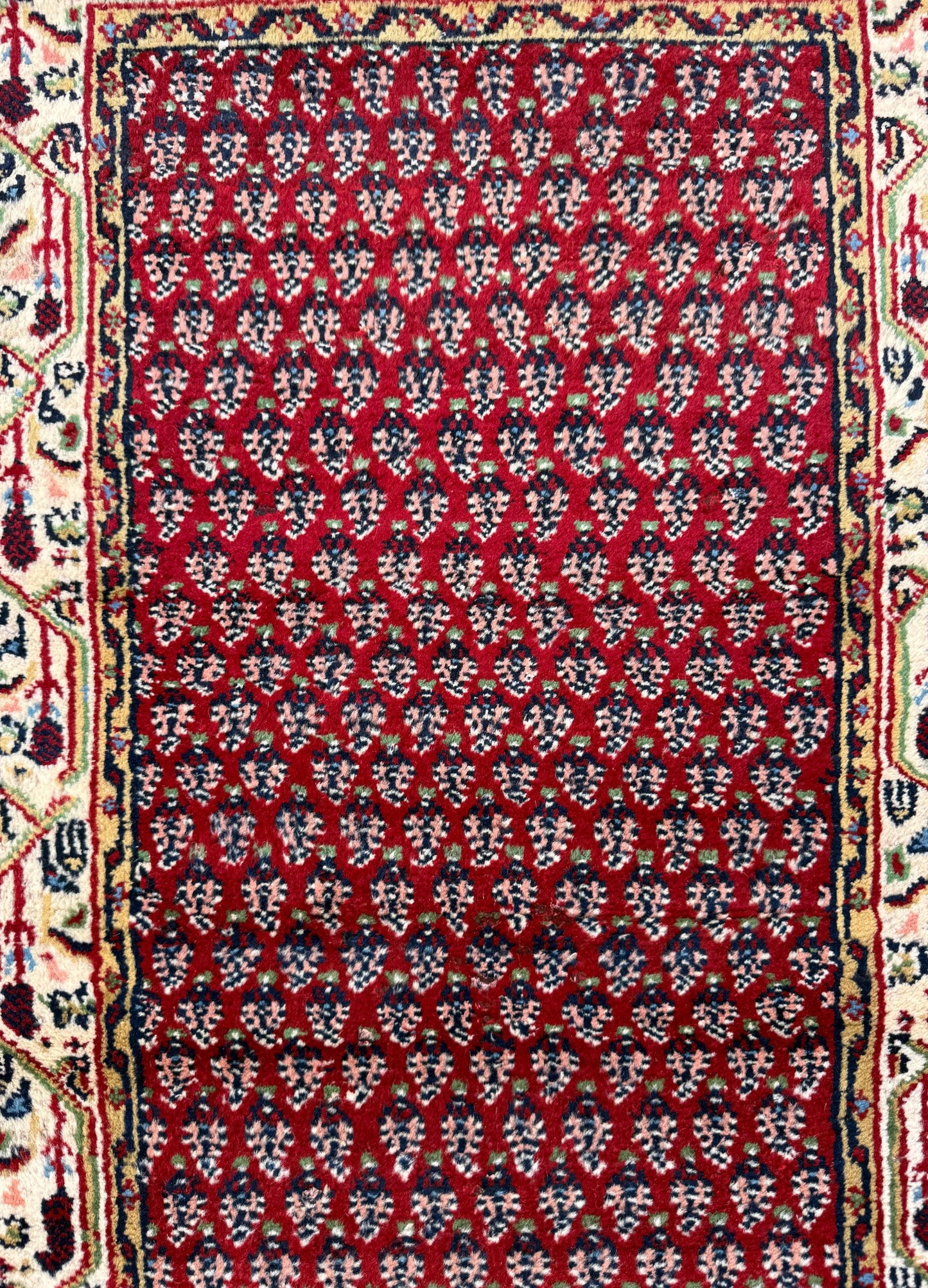 4.3x2.2 ft Vintage 1980s Badam Gul Mir Rug: Hand Knotted Wool Oriental Carpet, Small Geometric Tribal Accent