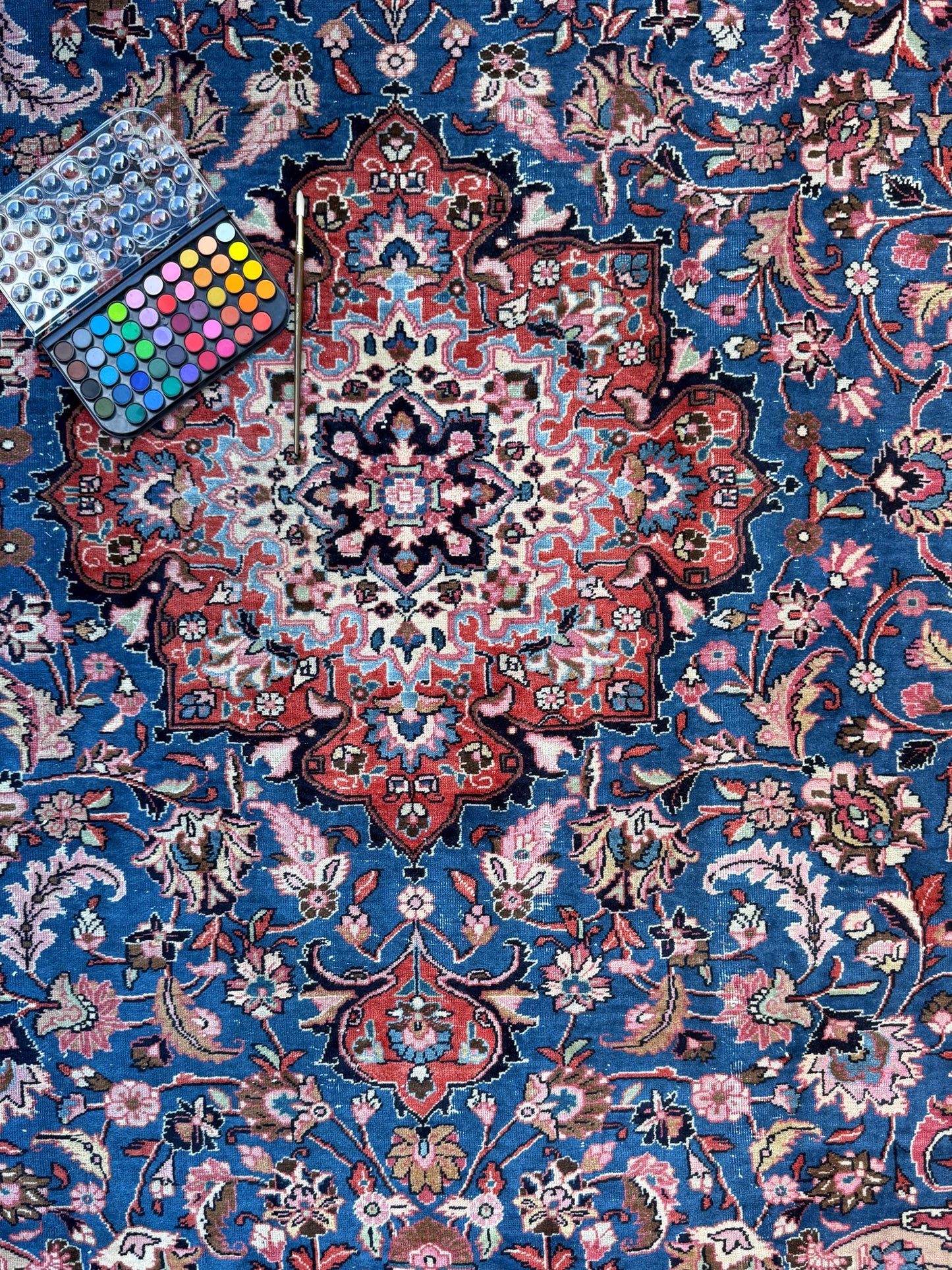 8x10 ft Signed 1950s Vintage Rug: Hand-Knotted Wool, Bohemian Royal Design