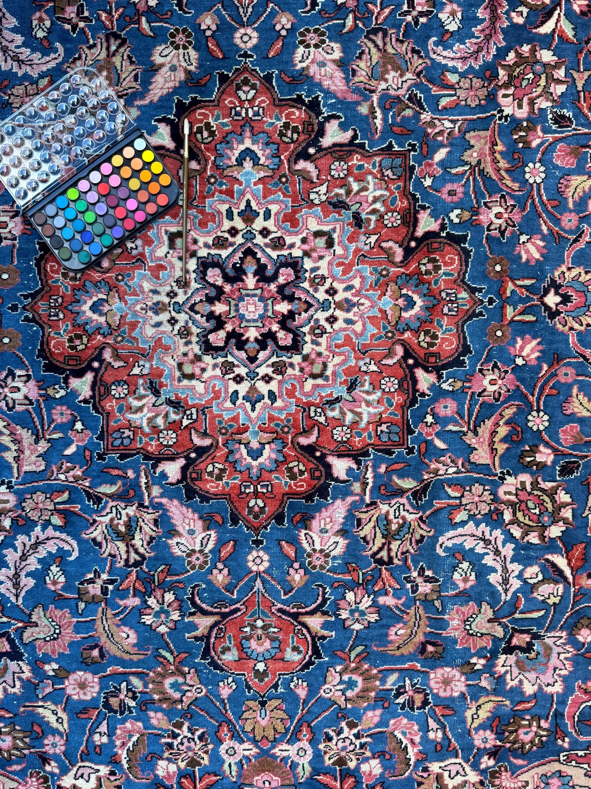 8x10 ft Signed 1950s Vintage Rug: Hand-Knotted Wool, Bohemian Royal Design