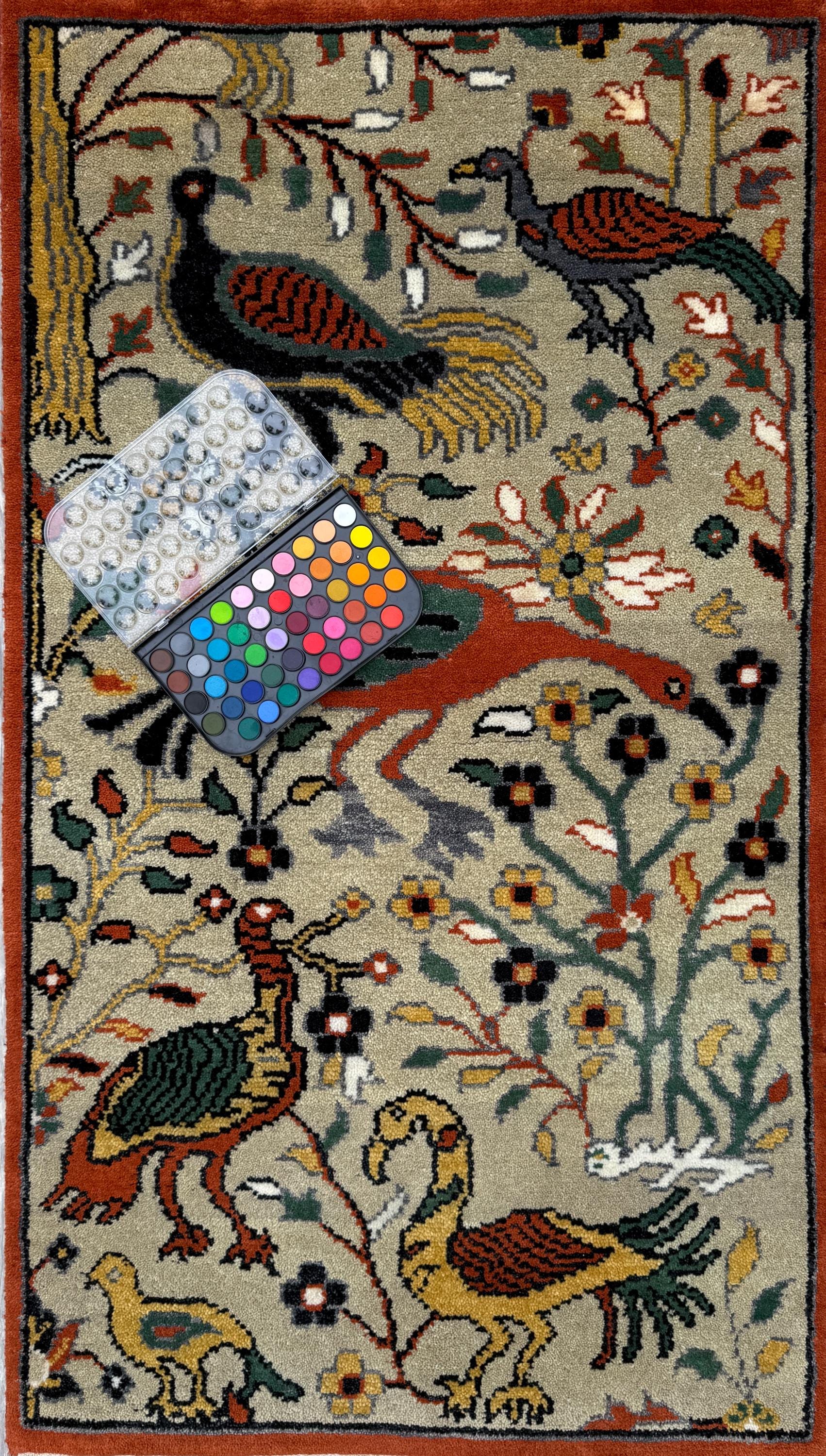 3x5 ft Bohemian Oushak Rug: Tree of Life Bird Design Modern Hand Knotted Wool Carpet