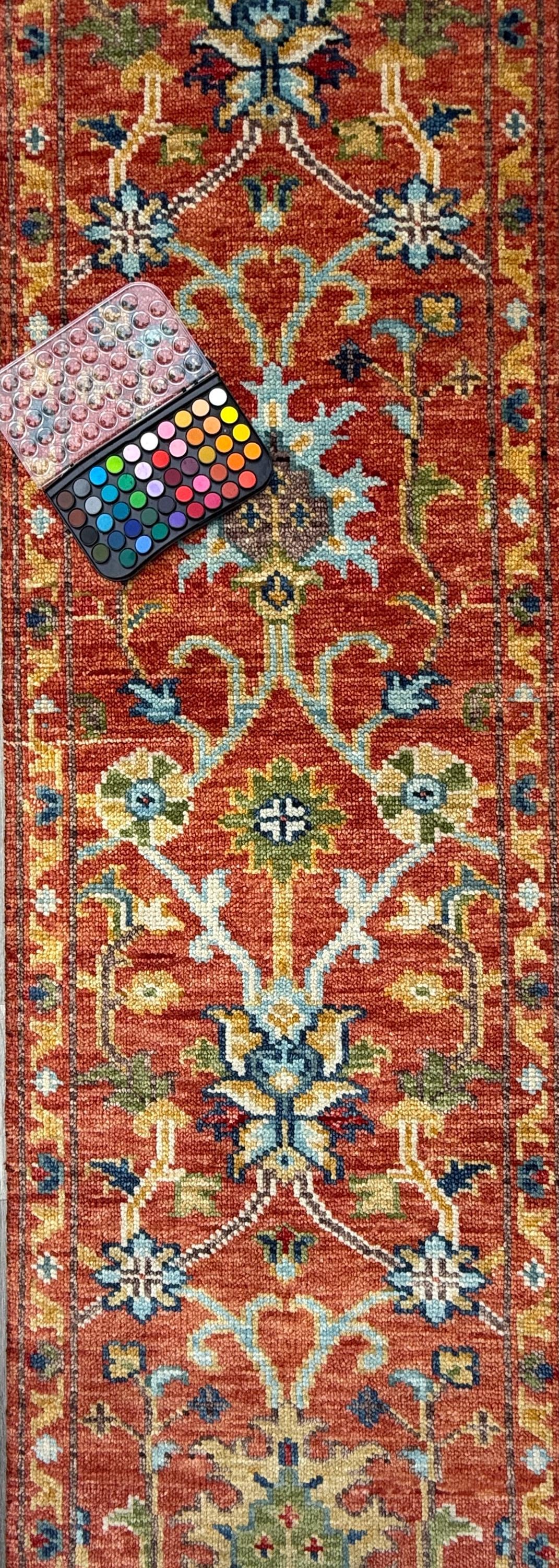 2.5x9 ft Oushak Runner Rug: Modern Multicolored Handmade Bohemian Carpet