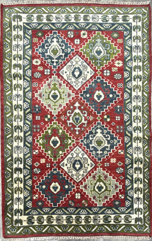 4x6 ft Oushak Geometrical Rug: Village Made Wool Carpet Hand Knotted Bohemian Style