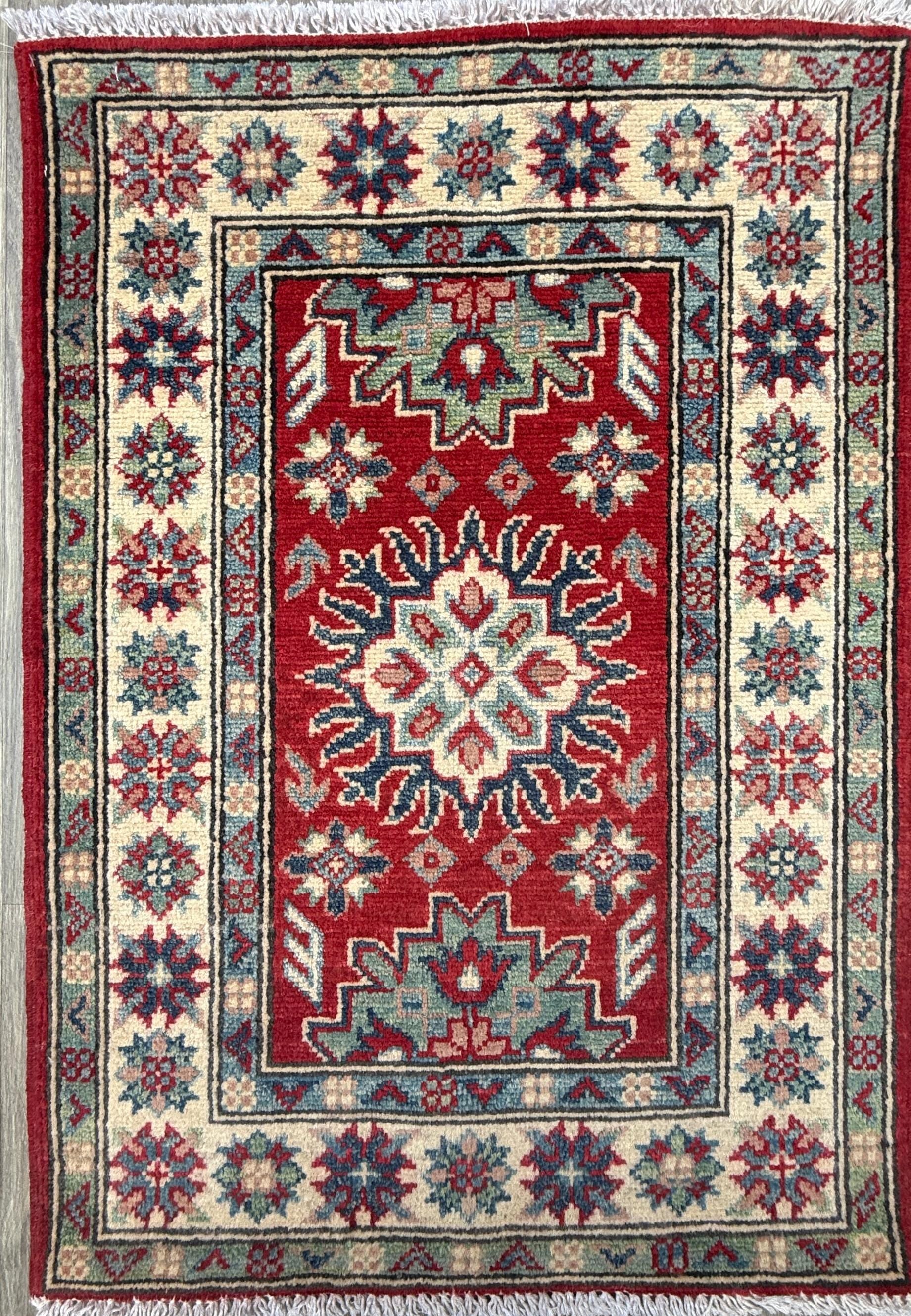 2.3x3.2 ft Hand Knotted Turkish Oushak Rug: Geometric Kazak Wool Rug