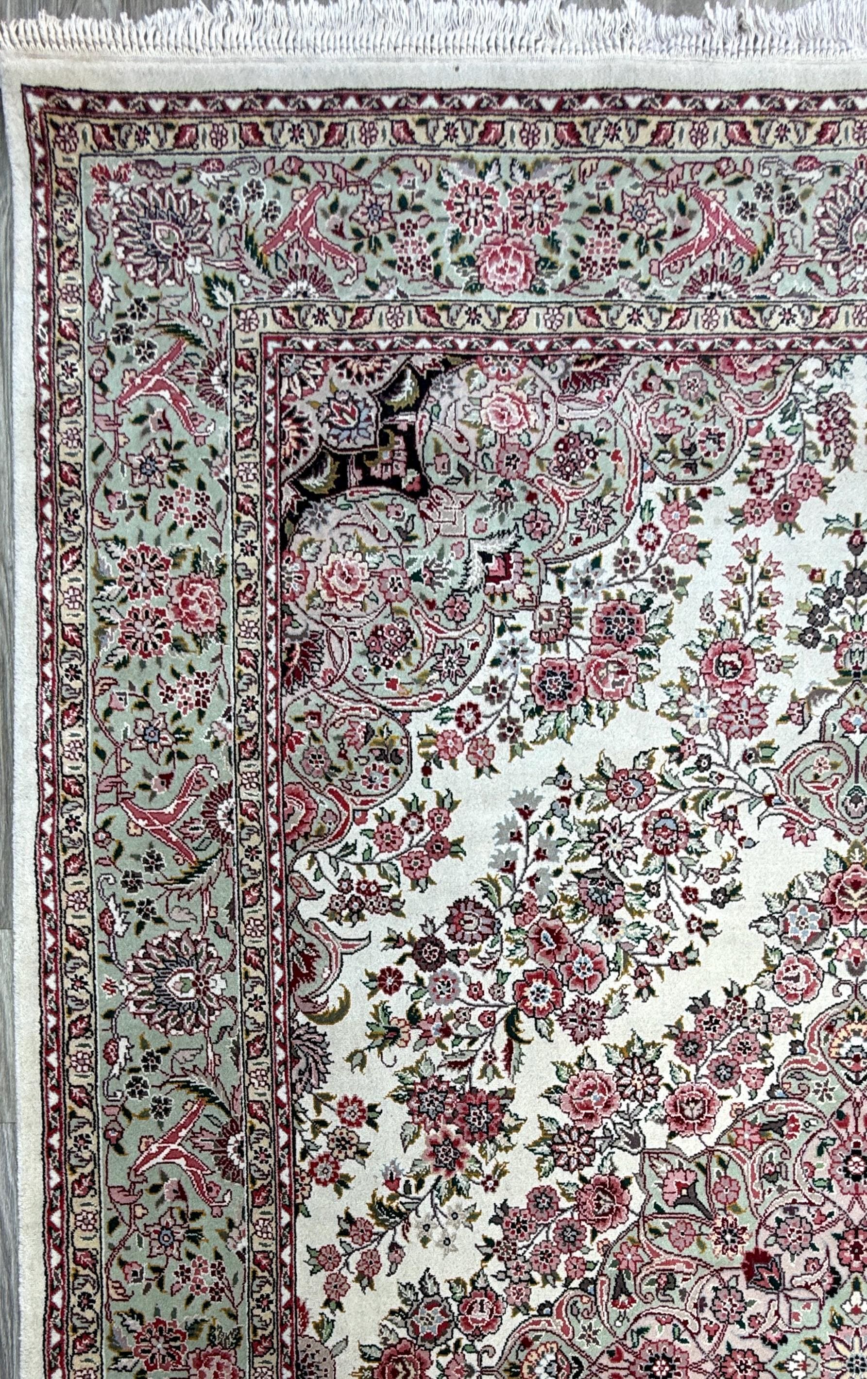9x6 ft Tabrizz 1970s Vintage Silk Wool Rug: Hand Knotted Oriental Carpet, 400 KPSI