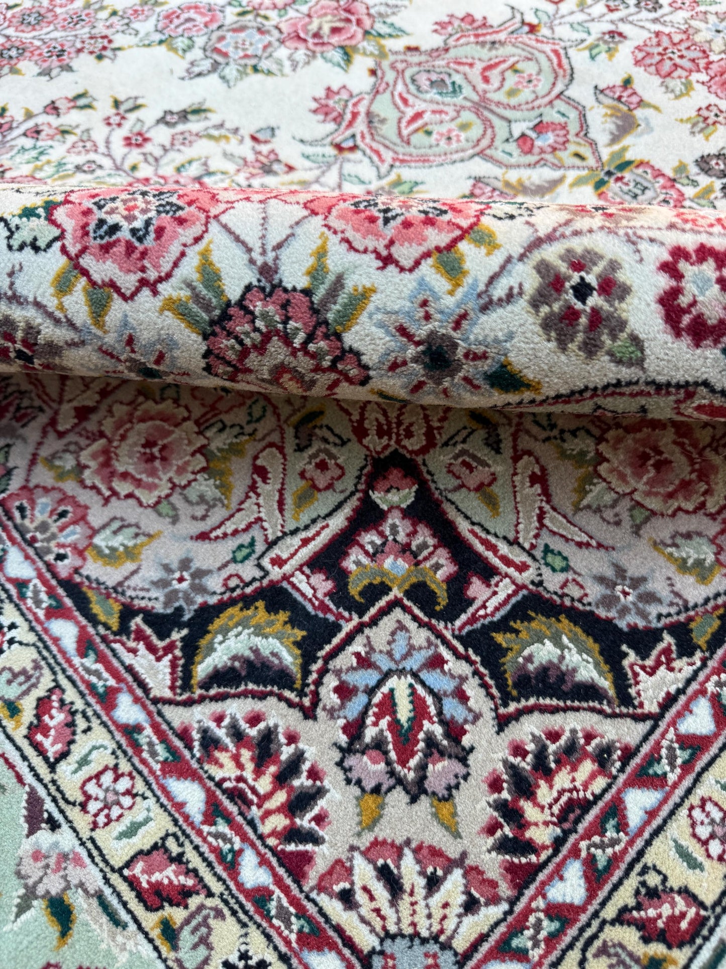 9x6 ft Tabrizz 1970s Vintage Silk Wool Rug: Hand Knotted Oriental Carpet, 400 KPSI