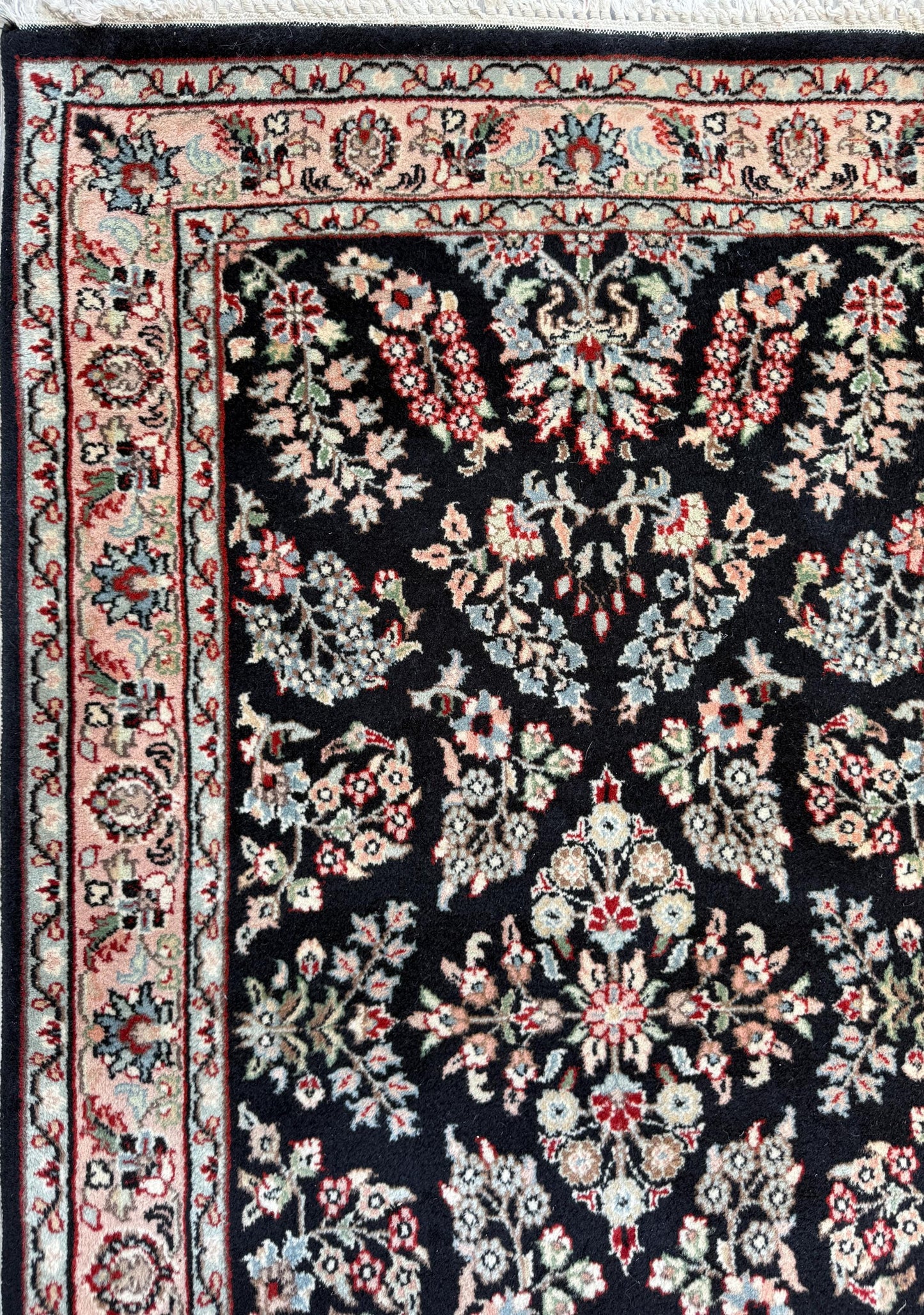 5x3 ft Vintage Agra Rug – Hand Knotted Wool Carpet with Black Floral Tabriz Design