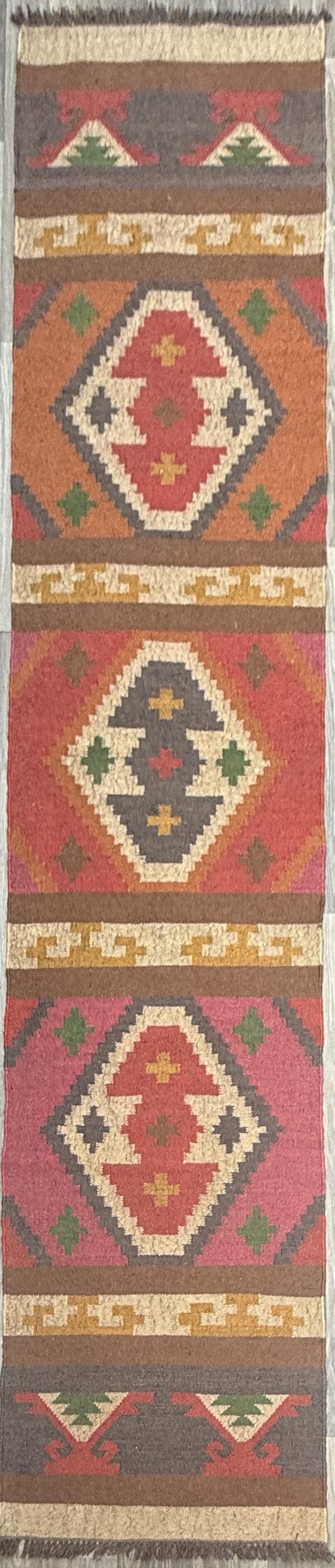2.5x12 ft Geometric Anatolian Kilim, Flat Weave Handwoven Runner