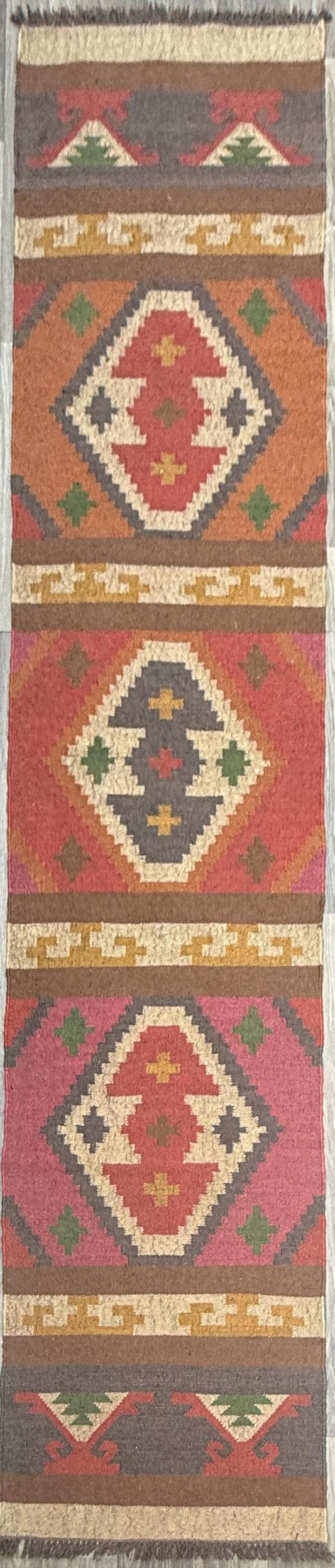 2.5x12 ft Geometric Anatolian Kilim, Flat Weave Handwoven Runner