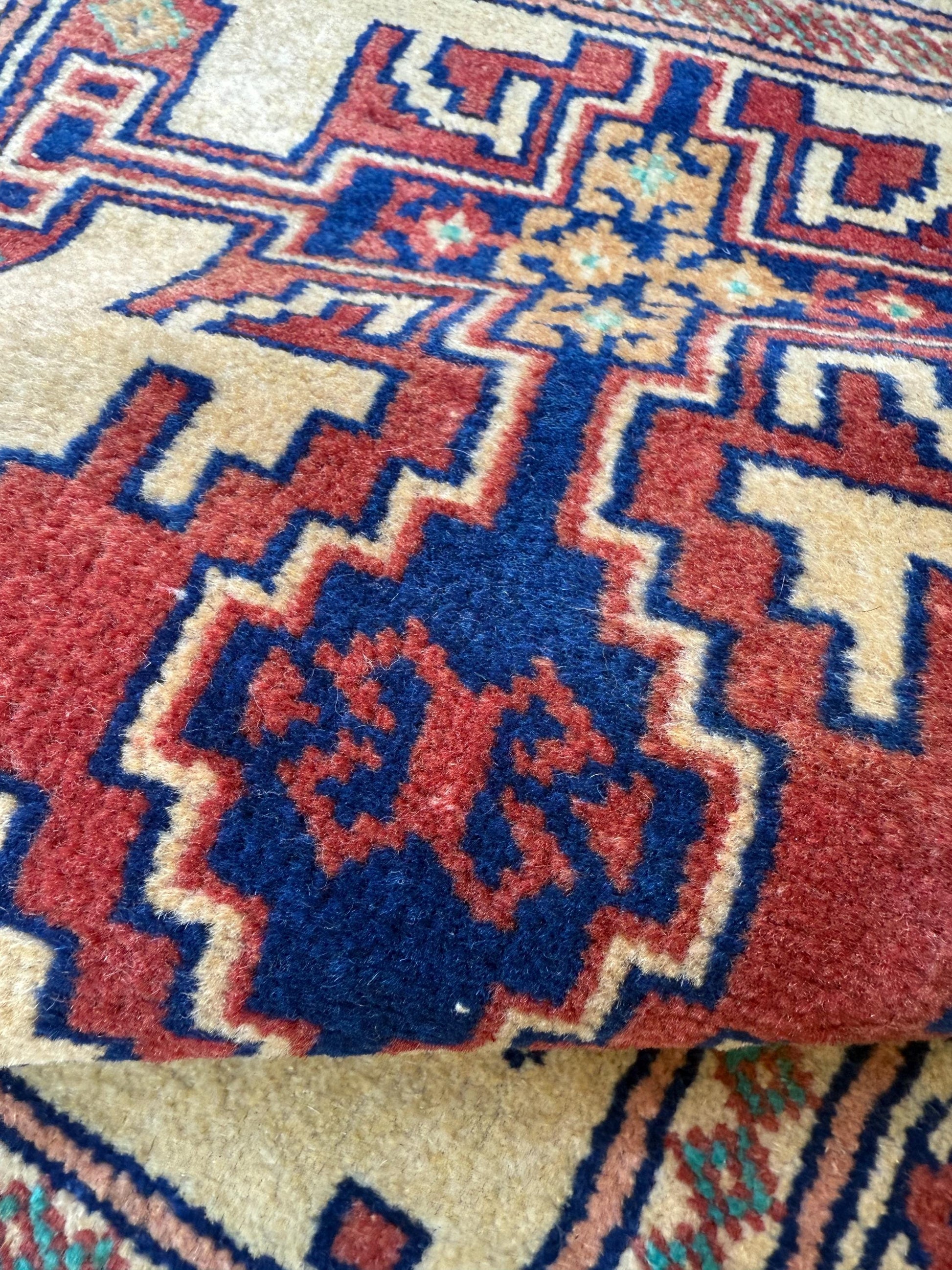 2x2 ft Vintage Rug Hand Knotted Wool Anatolian Accent, 1930s Geometric Design