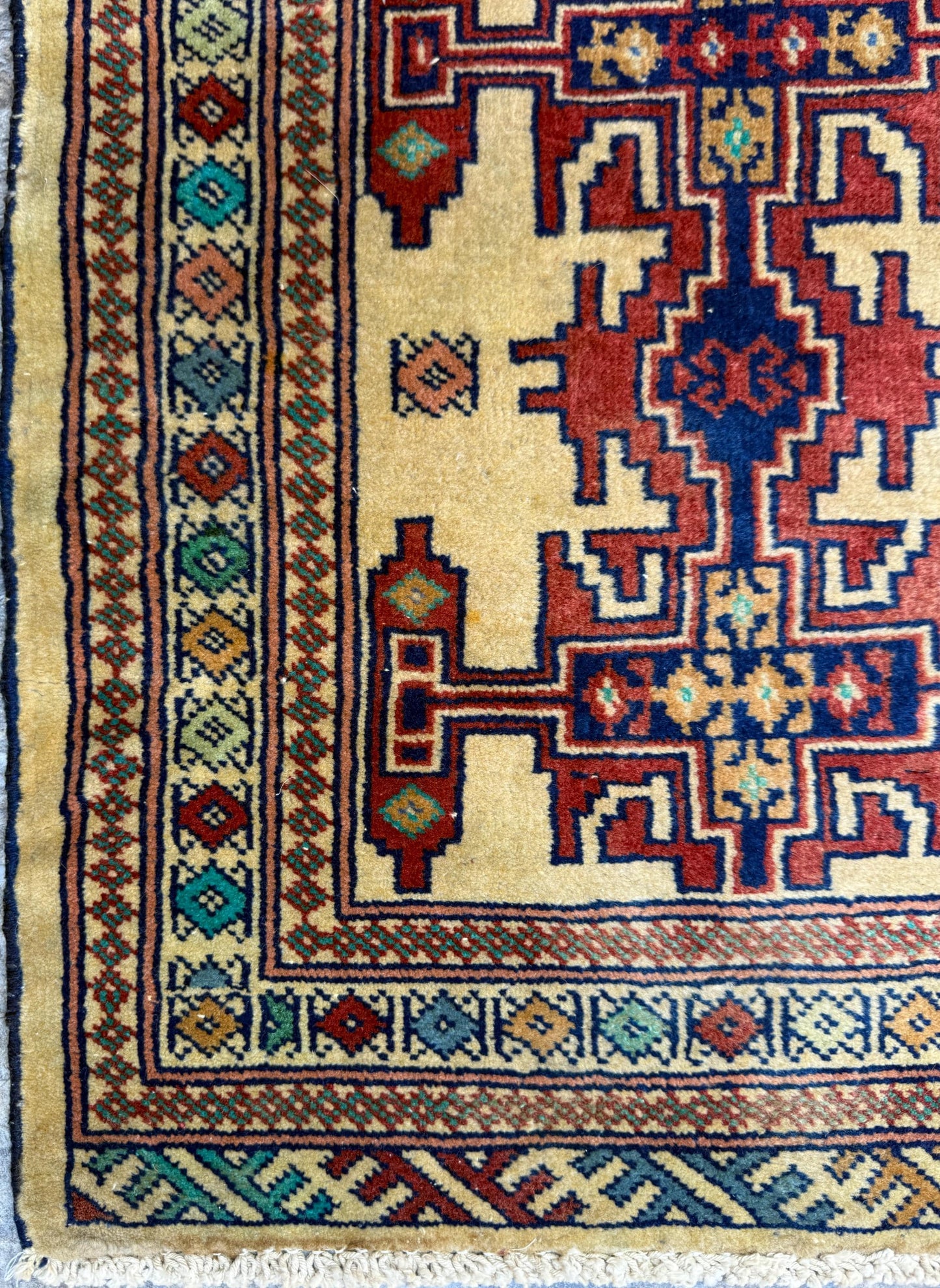 2x2 ft Vintage Rug Hand Knotted Wool Anatolian Accent, 1930s Geometric Design