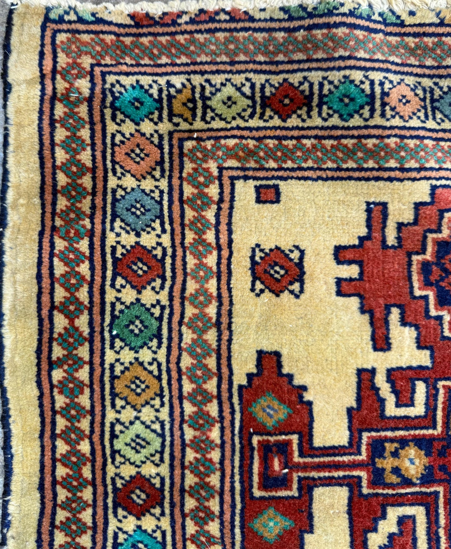 2x2 ft Vintage Rug Hand Knotted Wool Anatolian Accent, 1930s Geometric Design