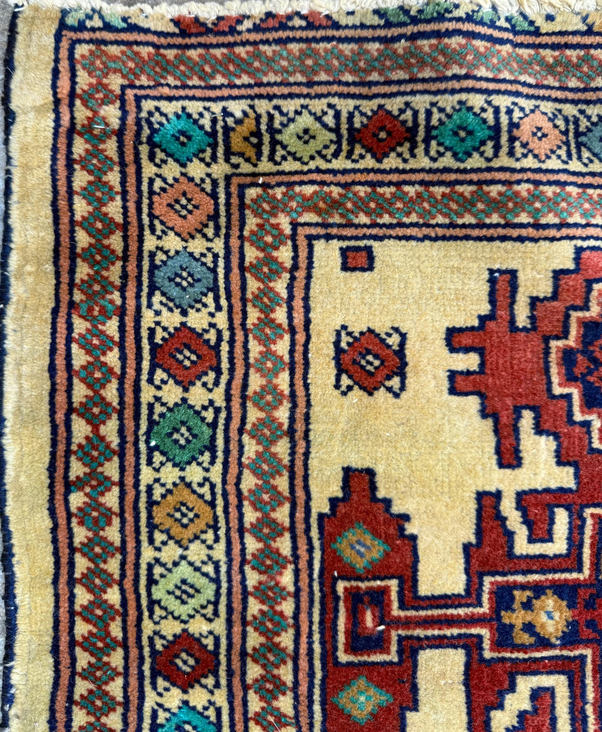 2x2 ft Vintage Rug Hand Knotted Wool Anatolian Accent, 1930s Geometric Design